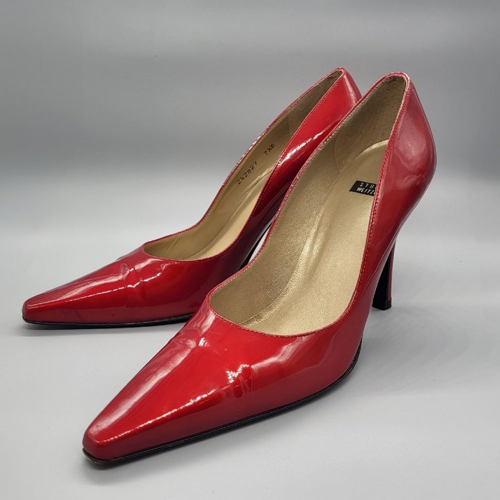 stuart weitzman red patent leather pumps
